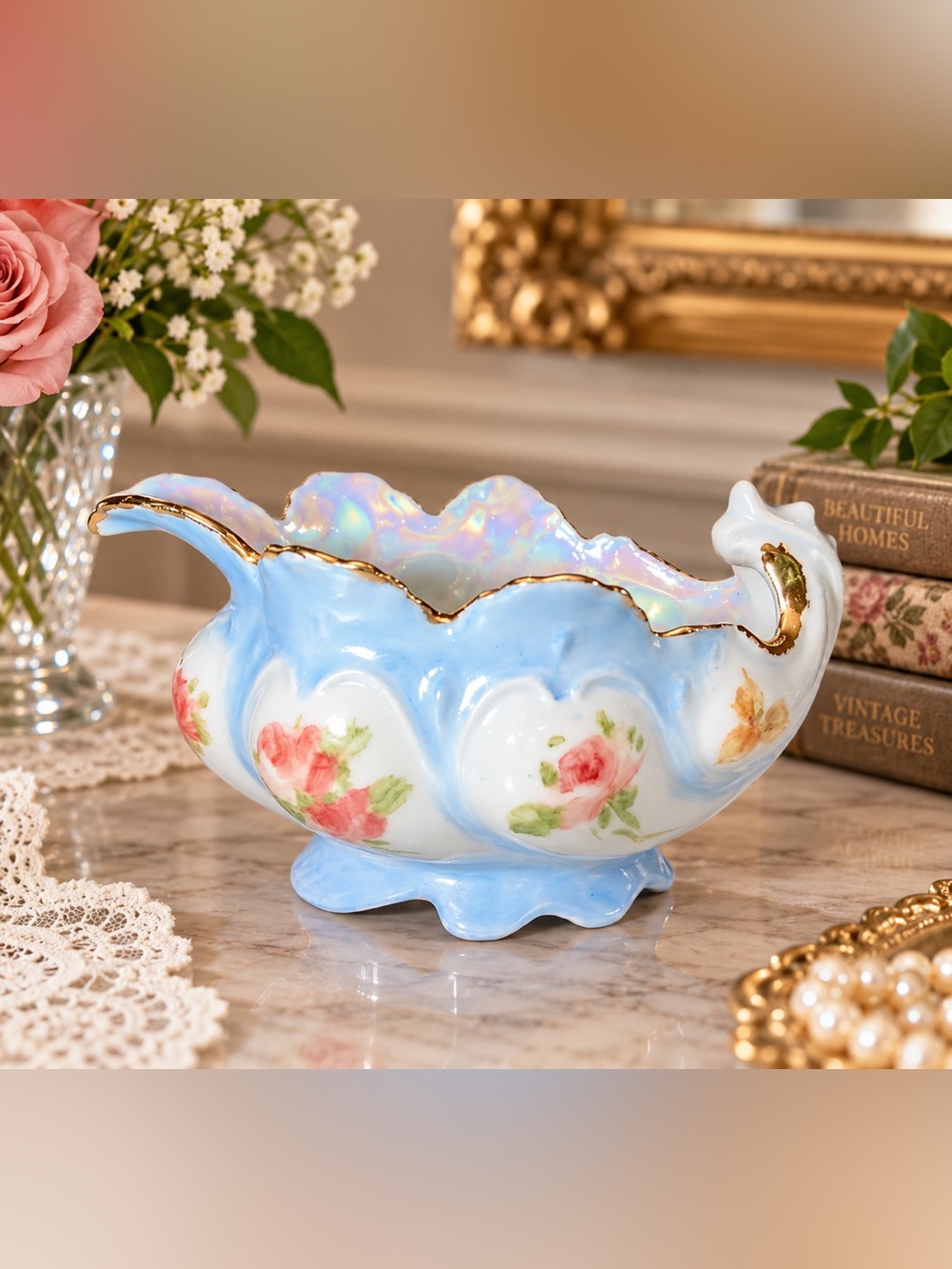 Vintage 1983 Porcelain Swan Dish Hand Painted Roses Gold Luster Signed 4.5"